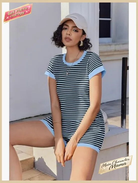 Two Piece Lounge Set Short Sleeve Top Shorts Casual Comfy Y2K Style - Picture 5 of 7